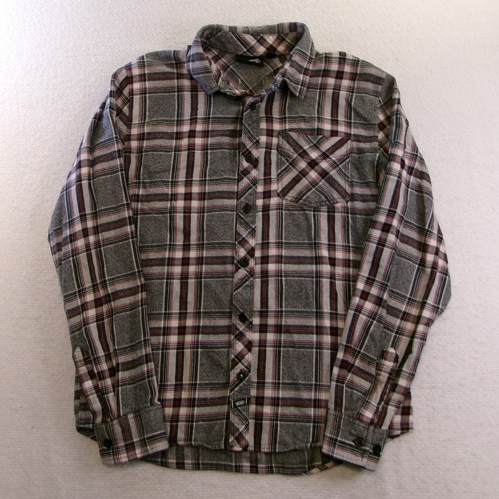 VANS MENS PLAID FLANNEL‎ SHIRT MEDIUM GREY RED BLACK LONG SLEEVE BUTTON UP